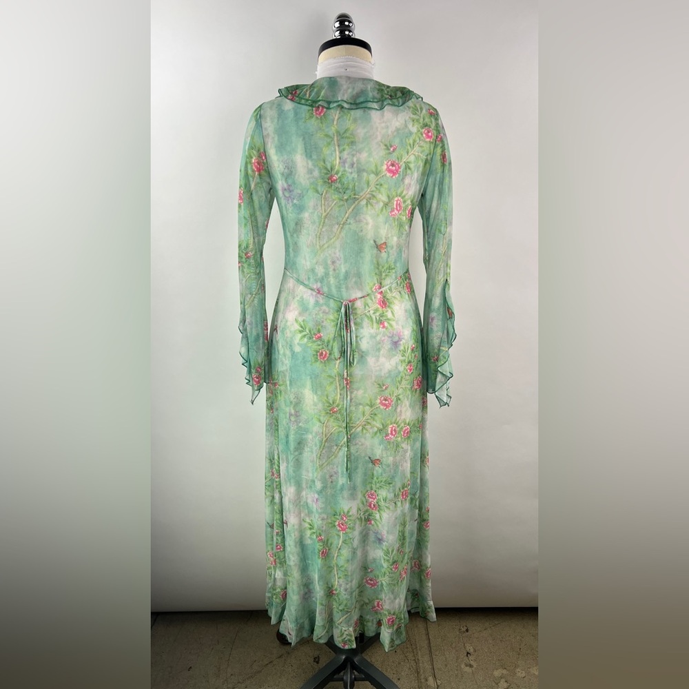 451B-GREEN. Floral Long Mesh Ruffled Cardigan - Picture 5 of 11